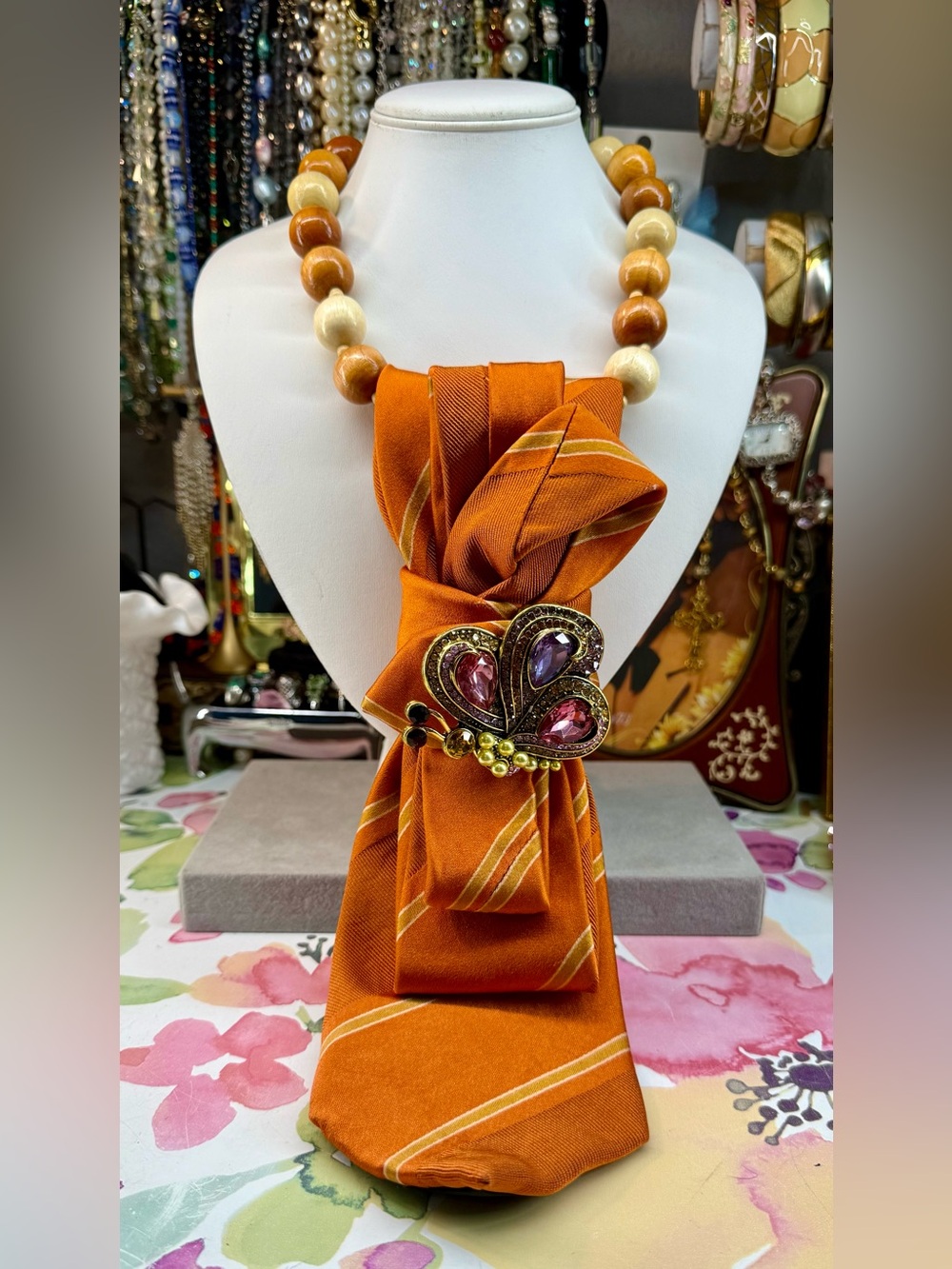 Elegant Vintage Orange Tie Necklace with Gem Butterfly Brooch